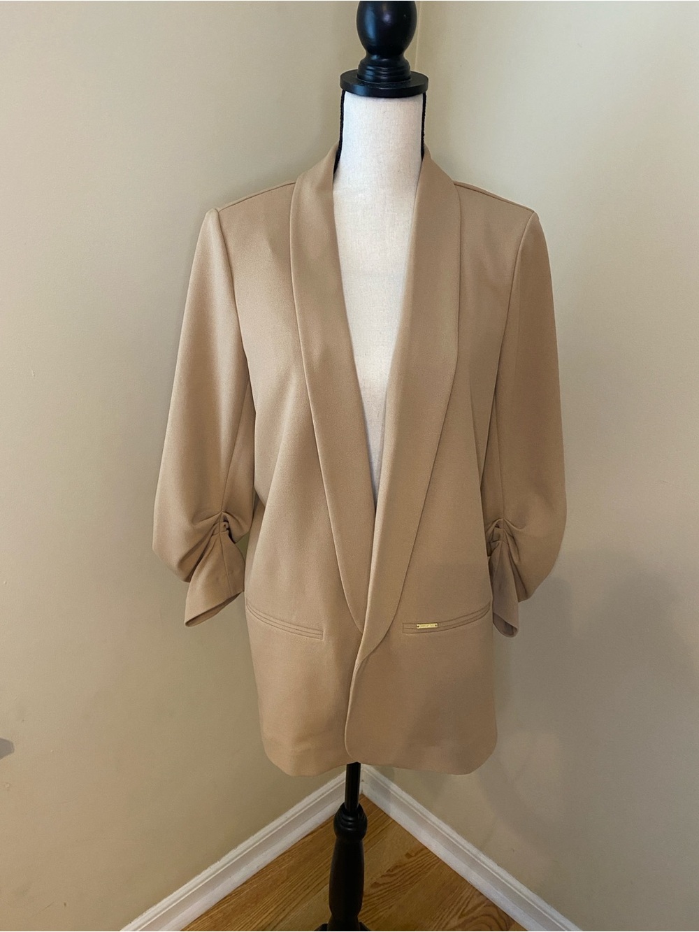 Nine West Beige Open-Front Blazer with Tie Cuff Sleeves